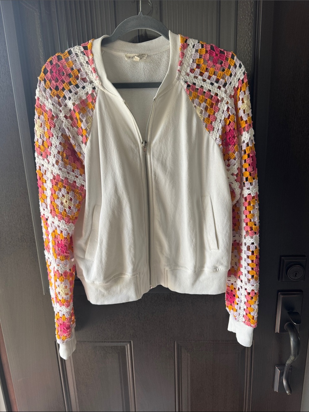 Mystree White Bomber Jacket with Pink & Orange Crochet Raglan Sleeves